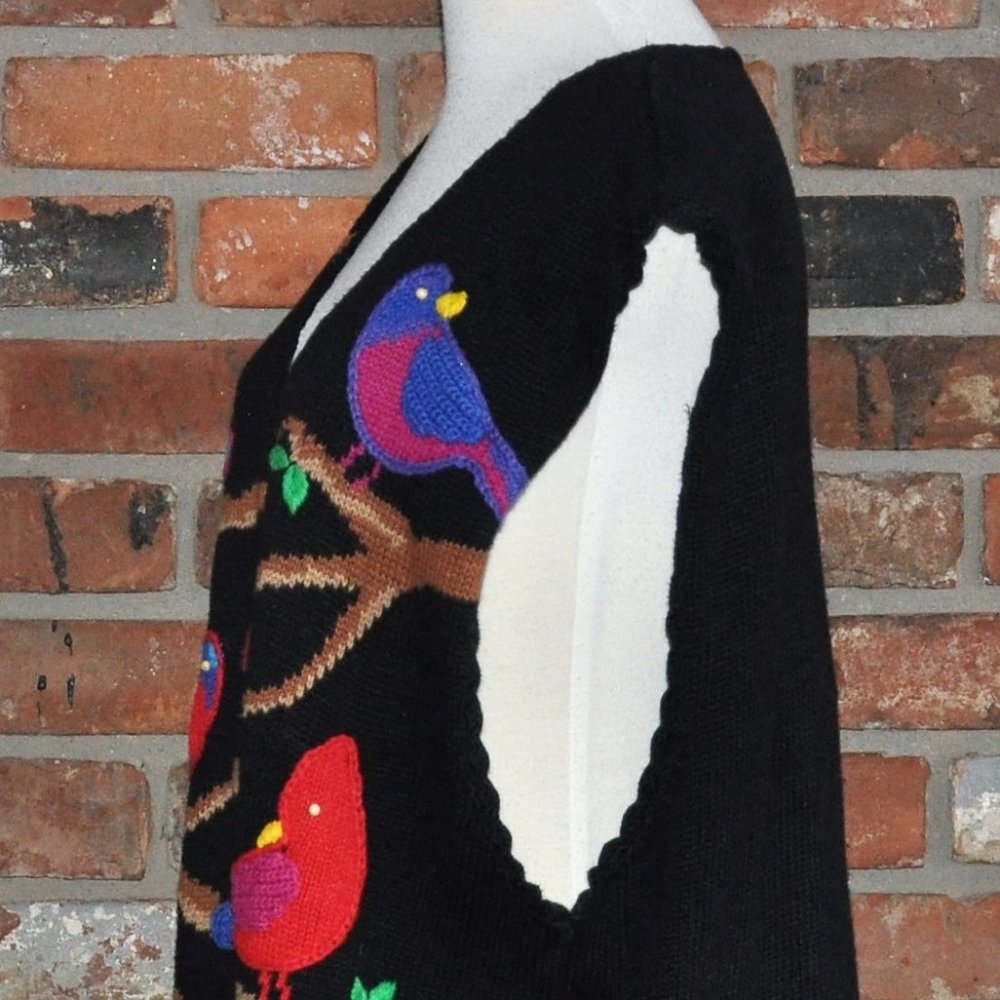 Vtg PBJ Sport BIRDS MultiColor Knit Button-Up Oversize Sweater Sleeveless Vest L - Picture 6 of 9